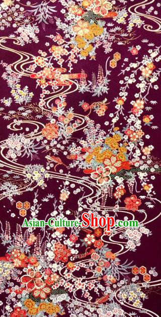 Asian Traditional Classical Orchid Pattern Purple Tapestry Satin Nishijin Brocade Fabric Japanese Kimono Silk Material