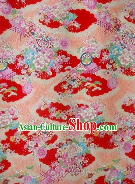 Asian Traditional Classical Peony Pattern Red Brocade Tapestry Satin Fabric Japanese Kimono Silk Material