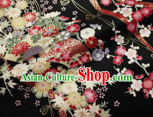 Asian Traditional Kimono Classical Sakura Pattern Black Nishijin Brocade Tapestry Satin Fabric Japanese Silk Material
