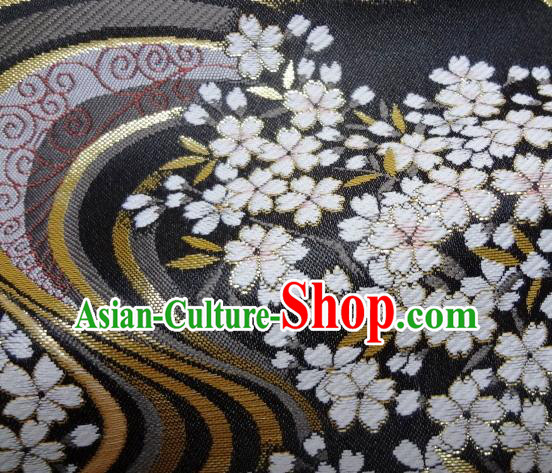 Asian Japanese Traditional Brocade Classical Sakura Pattern Black Baldachin Fabric Kimono Tapestry Satin Silk Material