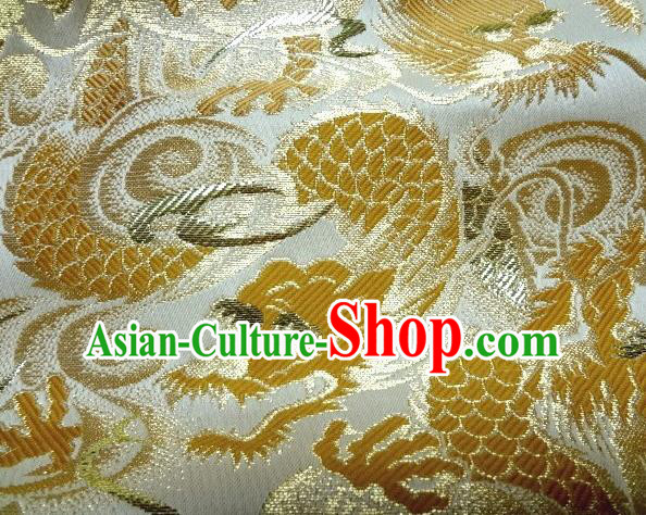 Asian Japanese Traditional White Brocade Fabric Classical Golden Dragons Pattern Baldachin Kimono Tapestry Satin Silk Material