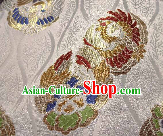Asian Japanese White Tapestry Satin Traditional Kimono Classical Phoenix Pattern Brocade Fabric Baldachin Silk Material