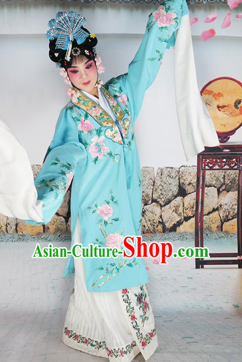Chinese Traditional Beijing Opera Blue Embroidered Robe Ancient Palace Princess Costume for Women