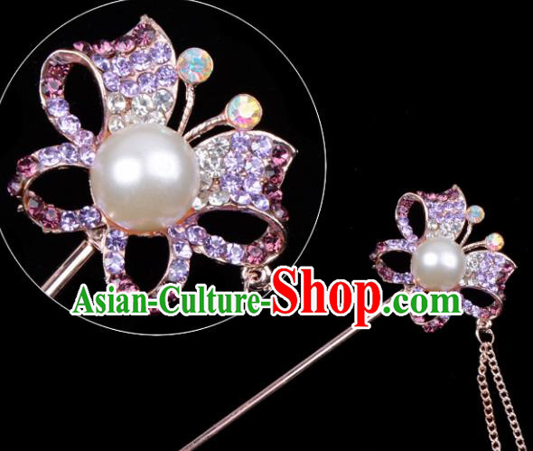 Professional Chinese Traditional Beijing Opera Hair Accessories Ancient Princess Lilac Crystal Butterfly Hairpins for Women