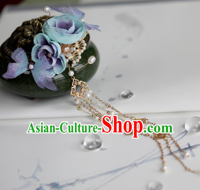 Chinese Traditional Hanfu Hair Accessories Ancient Princess Blue Roses Butterfly Hair Claw Hairpins for Women