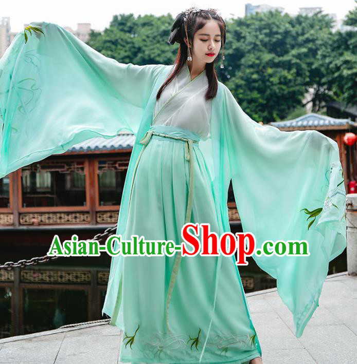 Chinese Traditional Jin Dynasty Swordswomen Historical Costume Ancient Female Knight Green Hanfu Dress for Women