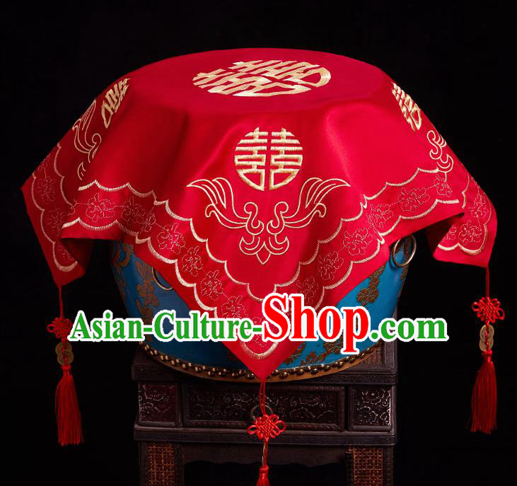Chinese Ancient Wedding Headdress Bride Embroidered Red Curtain Traditional Handmade Red Veil for Women