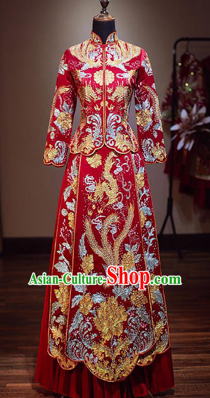 Chinese Traditional Bride Red Xiuhe Suit Ancient Wedding Embroidered Phoenix Dress for Women