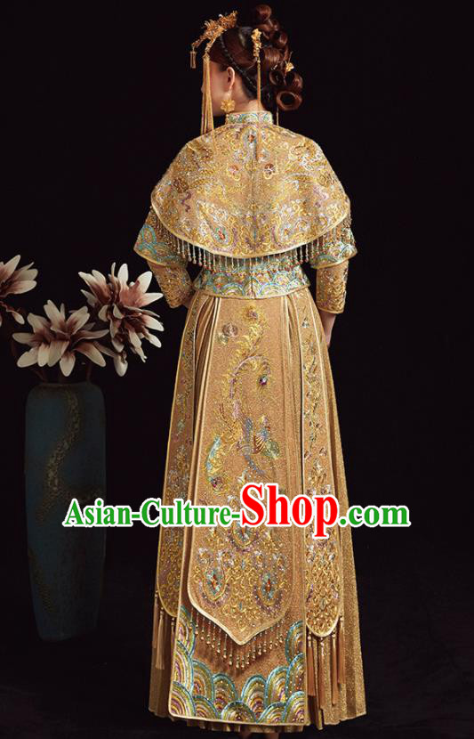 Chinese Traditional Bride Golden Xiuhe Suit Ancient Wedding Embroidered Dress for Women