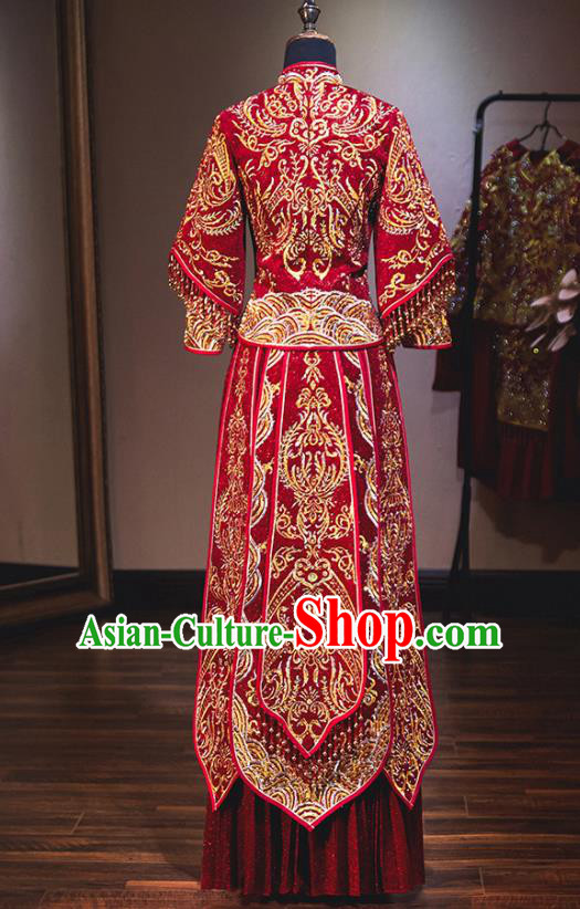 Chinese Traditional Bride Red Xiuhe Suit Ancient Wedding Embroidered Diamante Dress for Women