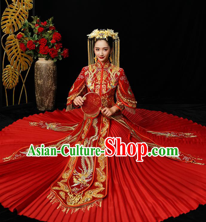 Chinese Traditional Bride Diamante Xiuhe Suit Ancient Wedding Embroidered Phoenix Dress for Women