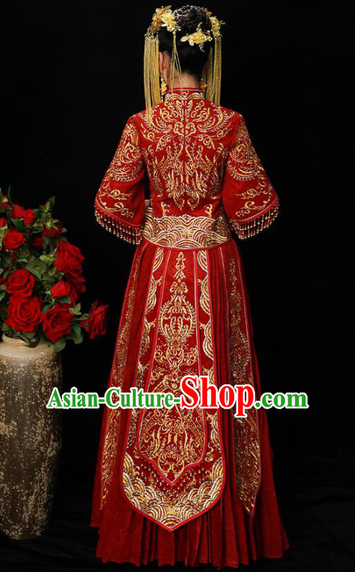 Chinese Traditional Bride Diamante Xiuhe Suit Ancient Wedding Red Embroidered Dress for Women