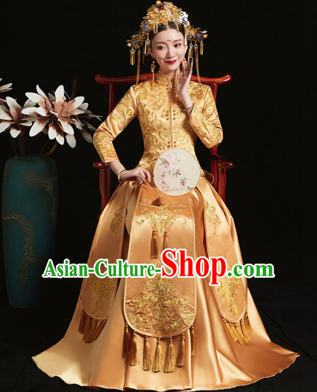 Chinese Traditional Bride Golden Xiuhe Suit Ancient Wedding Embroidered Dress for Women