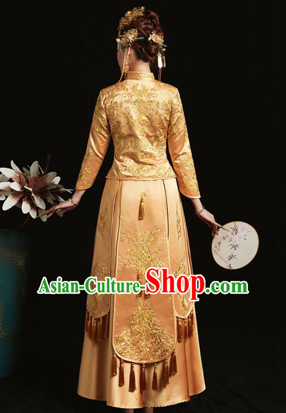 Chinese Traditional Bride Golden Xiuhe Suit Ancient Wedding Embroidered Dress for Women
