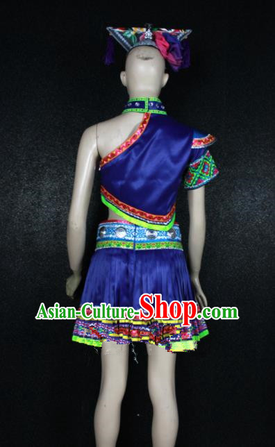 Chinese Traditional Zhuang Nationality Embroidered Royalblue Dress Ethnic Folk Dance Costume for Women
