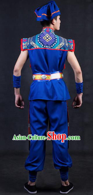 Chinese Traditional Yao Nationality Royalblue Clothing Ethnic Bridegroom Folk Dance Costume for Men