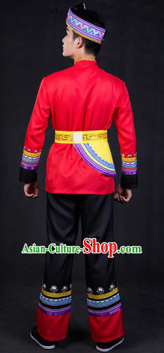 Chinese Traditional Zhuang Nationality Red Clothing Ethnic Festival Folk Dance Costume for Men