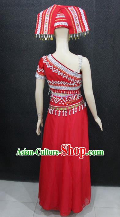 Chinese Traditional Zhuang Nationality Embroidered Red Dress Ethnic Folk Dance Costume for Women