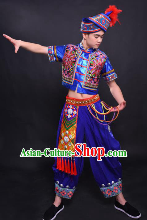 Chinese Traditional Ethnic Royalblue Costume Zhuang Nationality Festival Folk Dance Clothing for Men