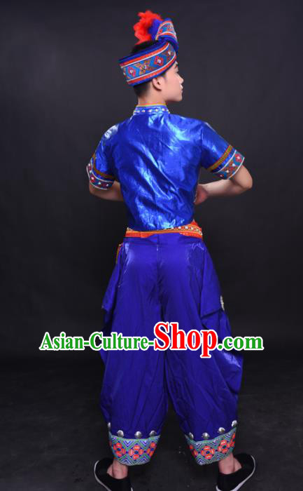 Chinese Traditional Ethnic Royalblue Costume Zhuang Nationality Festival Folk Dance Clothing for Men