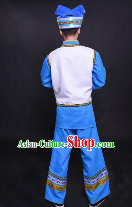 Chinese Traditional Ethnic Blue Costume Zhuang Nationality Festival Folk Dance Clothing for Men