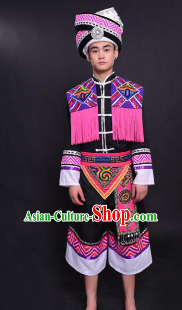 Chinese Traditional Ethnic Pink Tassel Costume Zhuang Nationality Festival Folk Dance Clothing for Men