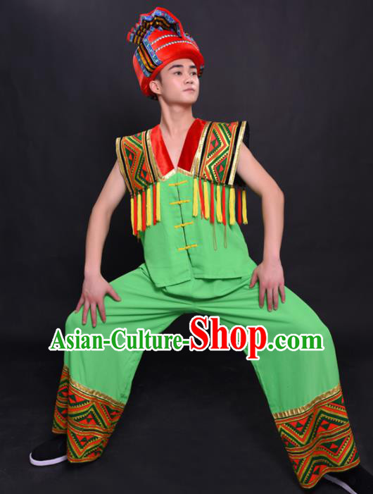 Chinese Traditional Ethnic Green Costume Miao Nationality Festival Folk Dance Clothing for Men
