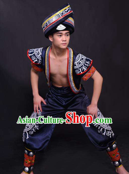 Chinese Traditional Ethnic Navy Costume Zhuang Nationality Festival Folk Dance Clothing for Men