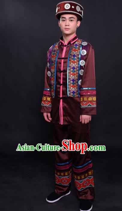 Chinese Traditional Ethnic Bridegroom Brown Costume Dong Nationality Festival Folk Dance Clothing for Men