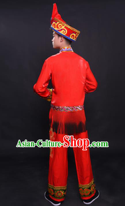Chinese Traditional Ethnic Bridegroom Red Costume Zhuang Nationality Festival Folk Dance Clothing for Men