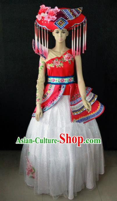 Chinese Traditional Zhuang Nationality Wedding Dress Ethnic Bride Folk Dance Costume for Women