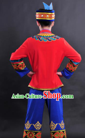Chinese Traditional Ethnic Red Costume Zhuang Nationality Festival Folk Dance Clothing for Men