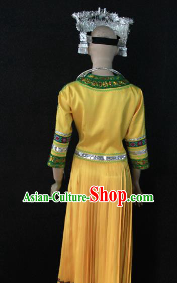 Chinese Traditional Miao Nationality Yellow Dress Ethnic Bride Folk Dance Costume for Women