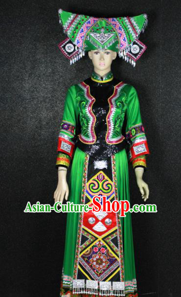 Chinese Traditional Zhuang Nationality Green Dress Ethnic Bride Folk Dance Costume for Women