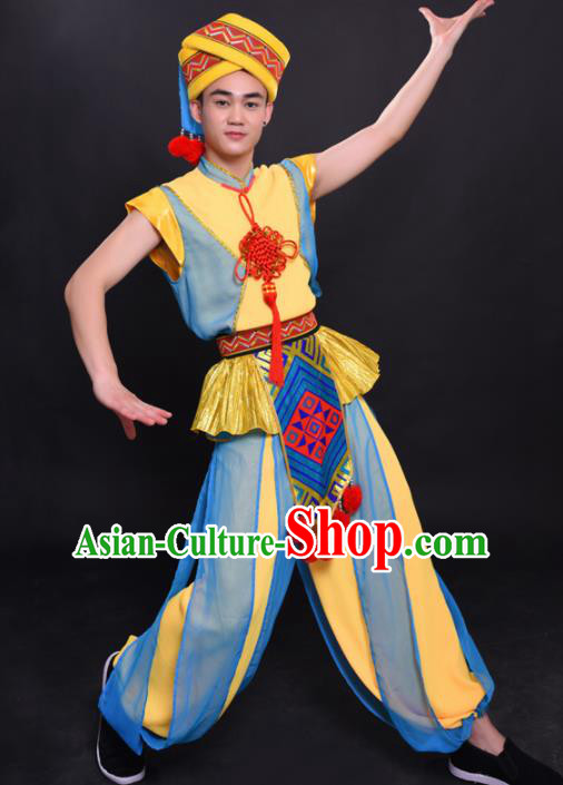 Chinese Traditional Ethnic Yellow Costume Yao Nationality Festival Folk Dance Clothing for Men