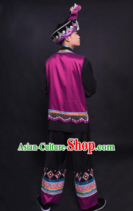 Chinese Traditional Ethnic Purple Costume Yao Nationality Festival Folk Dance Clothing for Men