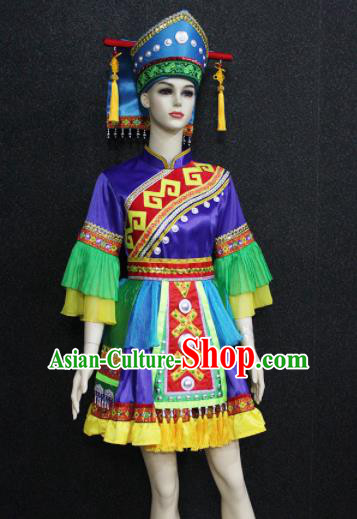 Chinese Traditional Mulao Nationality Purple Dress Ethnic Folk Dance Costume for Women