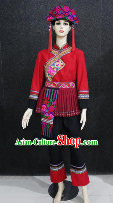Chinese Traditional Yao Nationality Red Clothing Ethnic Folk Dance Costume for Women