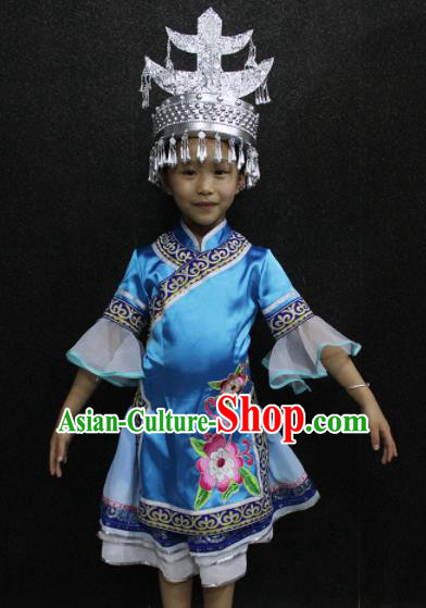 Chinese Traditional Folk Dance Costume Shui Nationality Ethnic Blue Dress for Kids