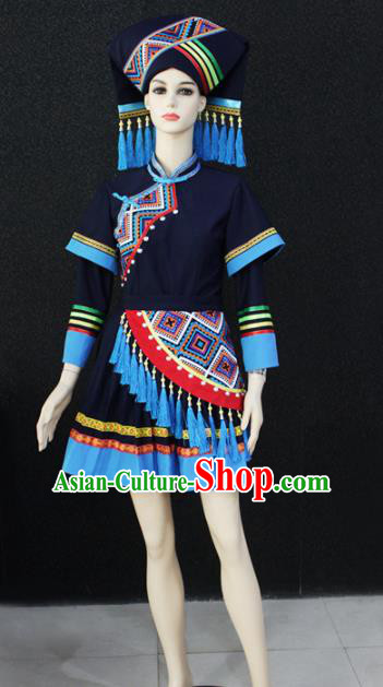 Chinese Traditional Zhuang Nationality Female Navy Dress Ethnic Folk Dance Costume for Women