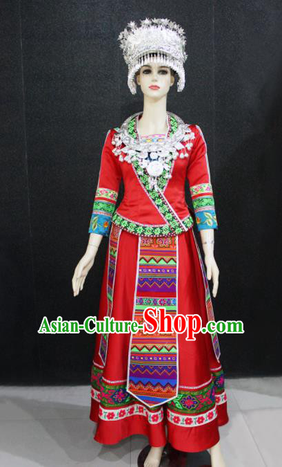 Chinese Traditional Miao Nationality Wedding Red Dress Ethnic Folk Dance Costume for Women