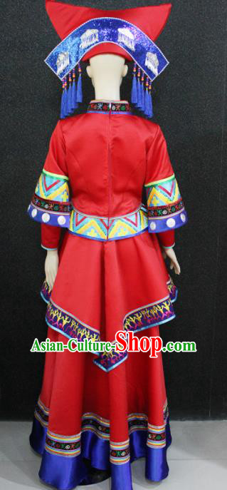 Chinese Traditional Zhuang Nationality Wedding Red Dress Ethnic Folk Dance Costume for Women