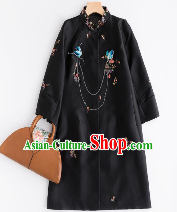 Chinese Traditional National Costume Tang Suit Black Dust Coat Embroidered Upper Outer Garment for Women