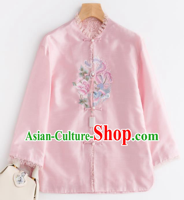 Chinese Traditional National Costume Tang Suit Upper Outer Garment Embroidered Pink Jacket for Women