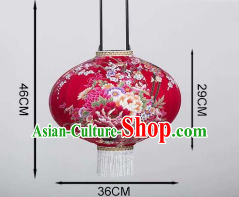 Chinese Traditional Printing Peony Red Round Hanging Lantern Handmade Craft New Year Palace Lanterns