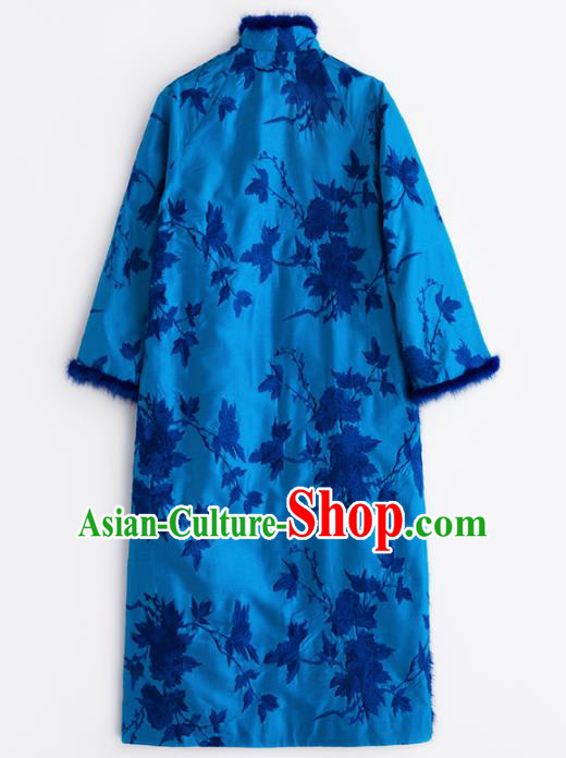 Chinese Traditional National Costume Tang Suit Cheongsam Winter Royalblue Qipao Dress for Women