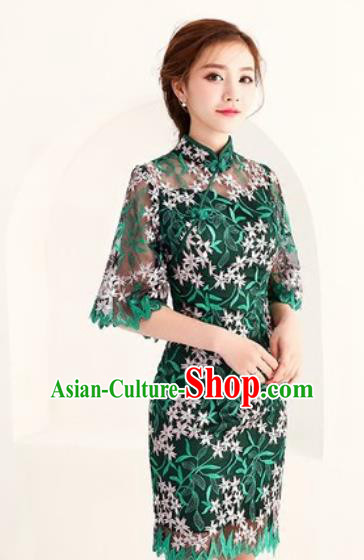 Chinese Traditional National Costume Classical Cheongsam Embroidered Green Full Dress for Women