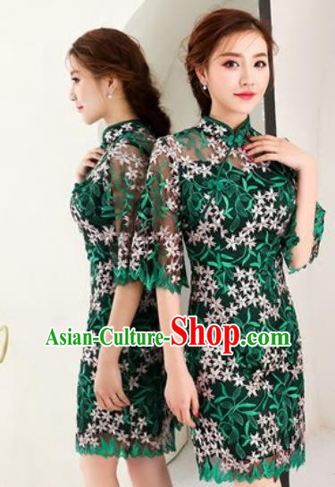 Chinese Traditional National Costume Classical Cheongsam Embroidered Green Full Dress for Women