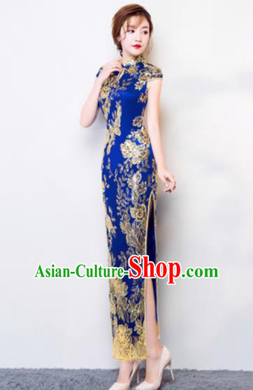 Chinese Traditional National Costume Classical Wedding Cheongsam Royalblue Full Dress for Women