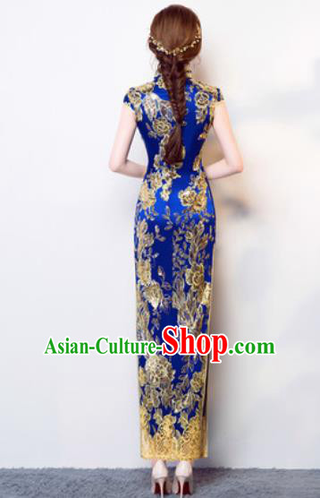 Chinese Traditional National Costume Classical Wedding Cheongsam Royalblue Full Dress for Women